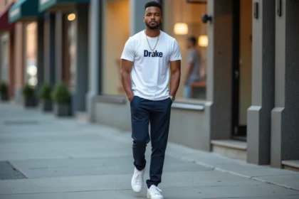 Jeune homme portant un t-shirt Drake blanc et des baskets blanches avec un chino marine en milieu urbain