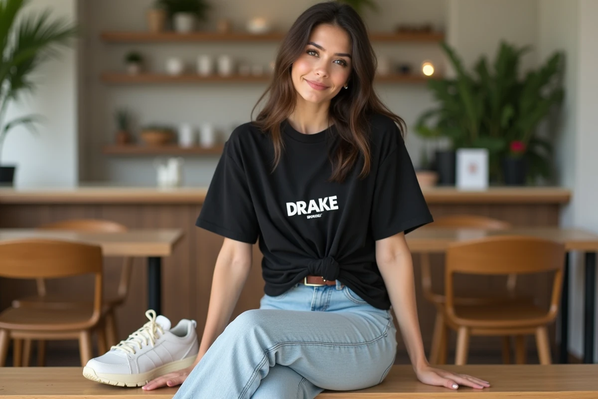 Femme en t-shirt Drake noir oversize noué à la taille avec jean clair et baskets rétro blanches dans un café moderne