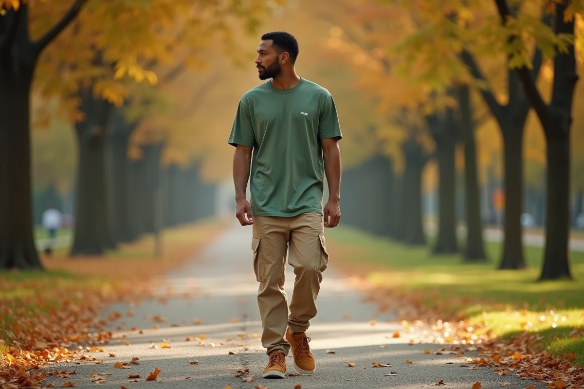 Homme en t-shirt Drake vert sauge et baskets marron en daim se promenant dans un parc en automne