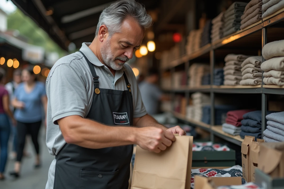 Un vendeur emballe des articles achetés dans un sac au braderu, stand de marché organisé avec des produits divers