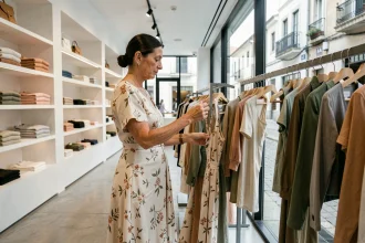 Femme parcourant les robes dans un magasin Zara moderne à La Corogne, en Galice, berceau de la marque espagnole